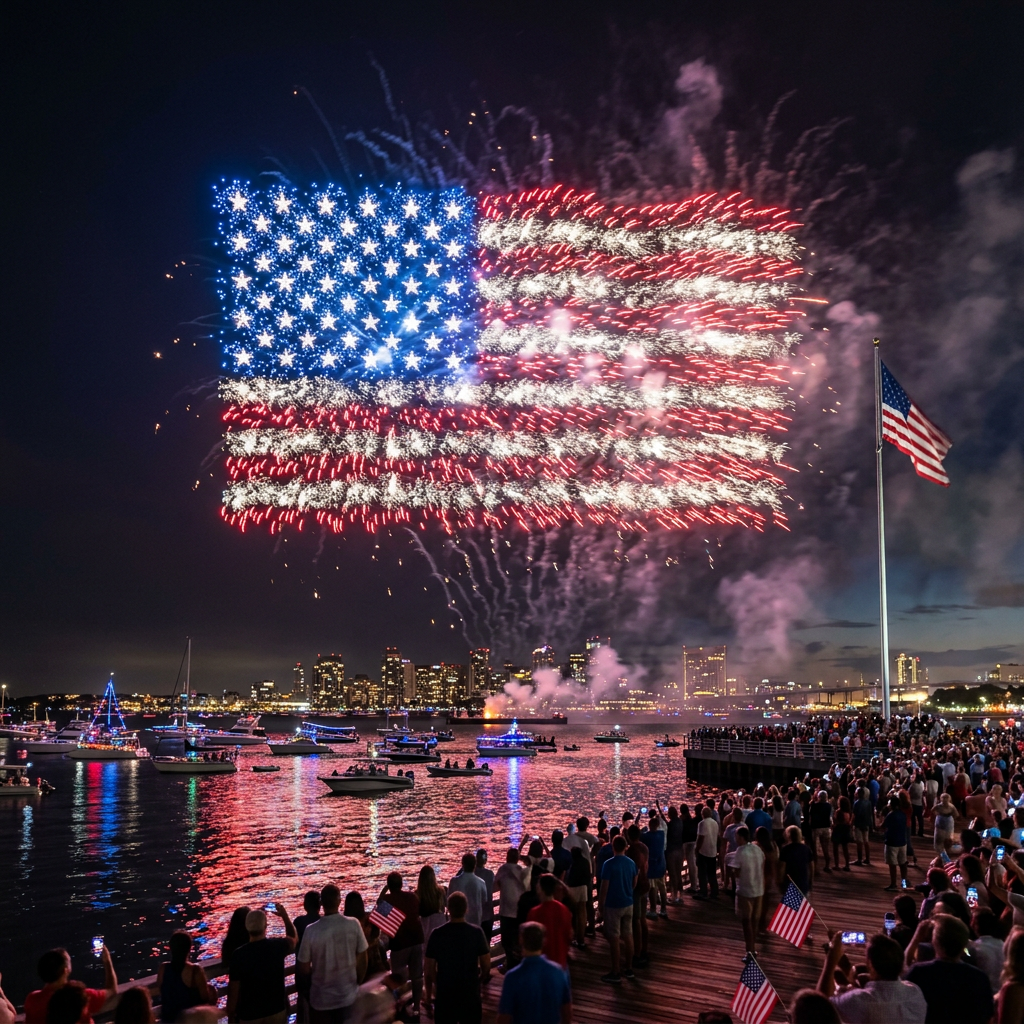 Fireworks forming a large American flag above water with a crowd watching from the shore