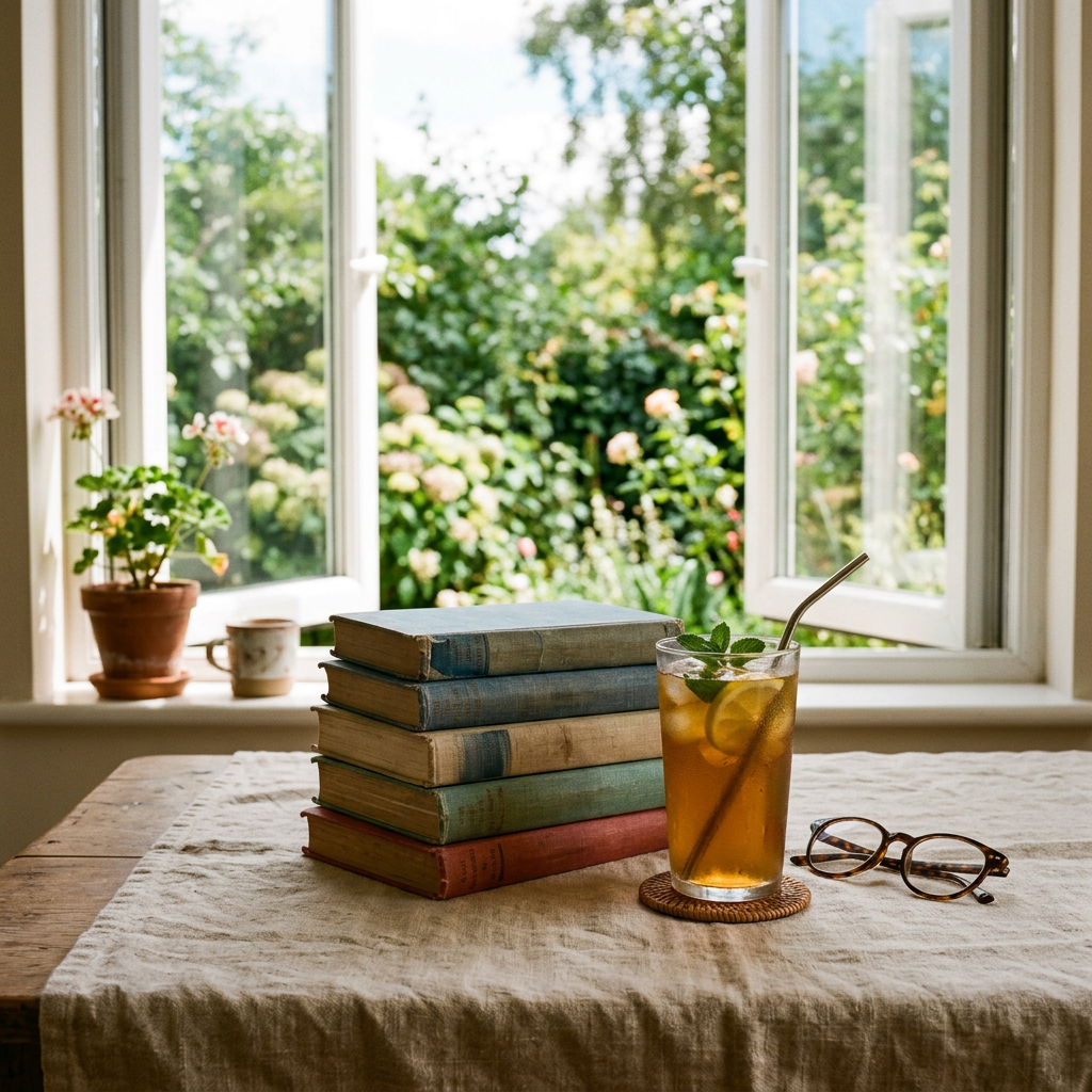 Stacked books, iced tea, and eyeglasses on a table by garden windows