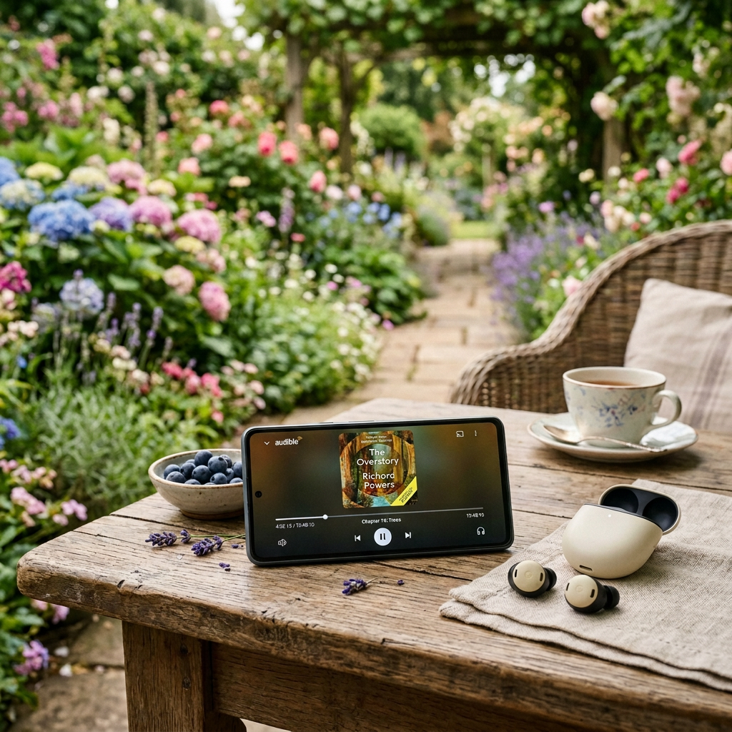 Tablet displaying Audible audiobook The Overstory by Richard Powers beside tea and earbuds
